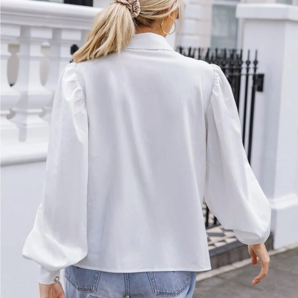 Elegant Classy Puff Cuff Long Sleeve Collar Top Blouse Shirt OFF WHITE - Picture 2 of 4